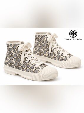 NWT Tory Burch Buddy Cap Toe Canvas Off White High Top Sneakers/Duck Shoes